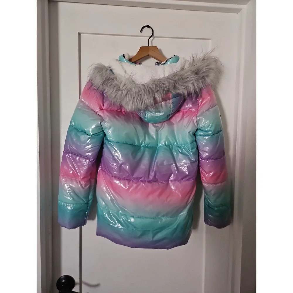 Justice Girls Ombre Metallic Puffer Jacket with Removable Faux Fur Hood